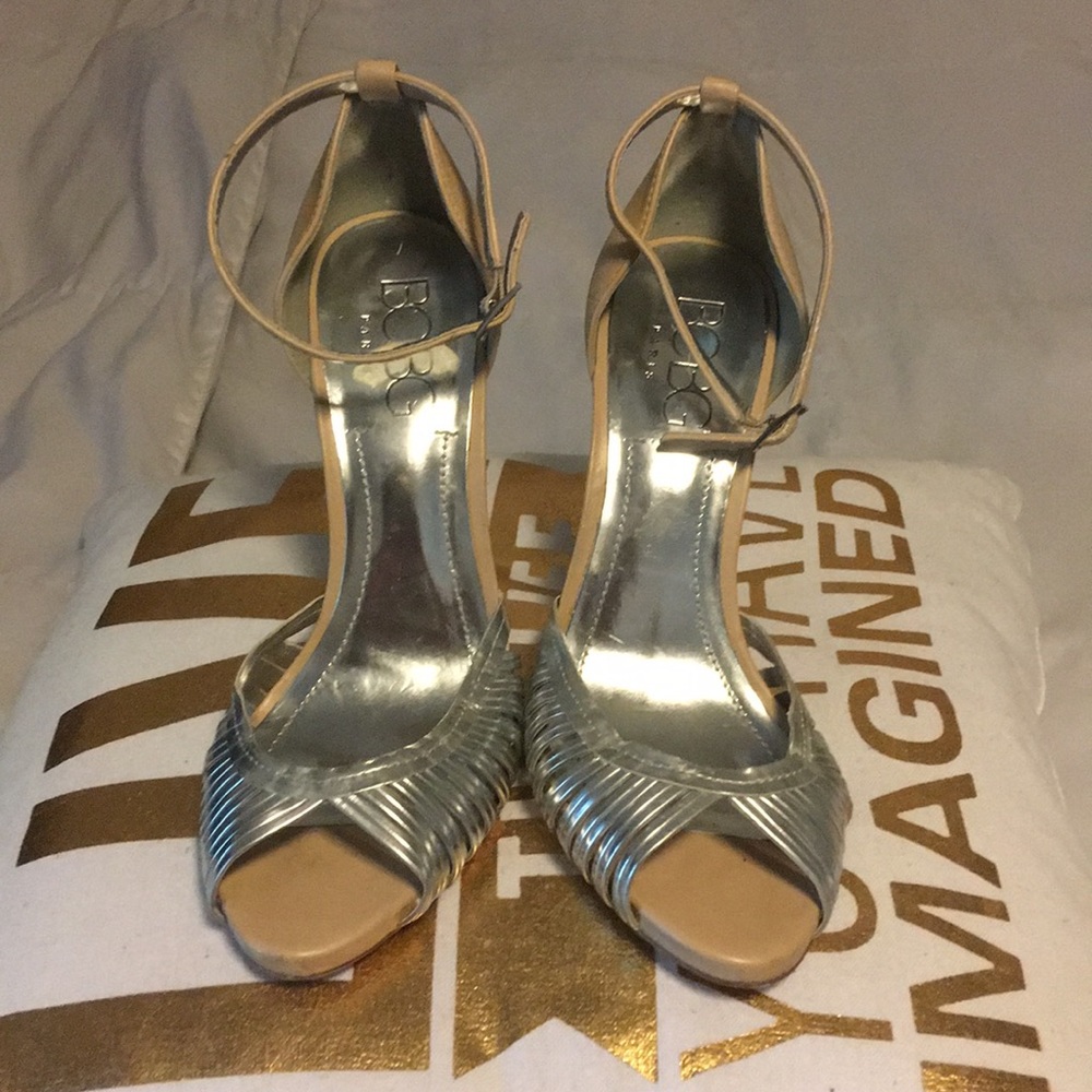 Tan/platinum silver heels!WORN ONCE FOR A WEDDING!